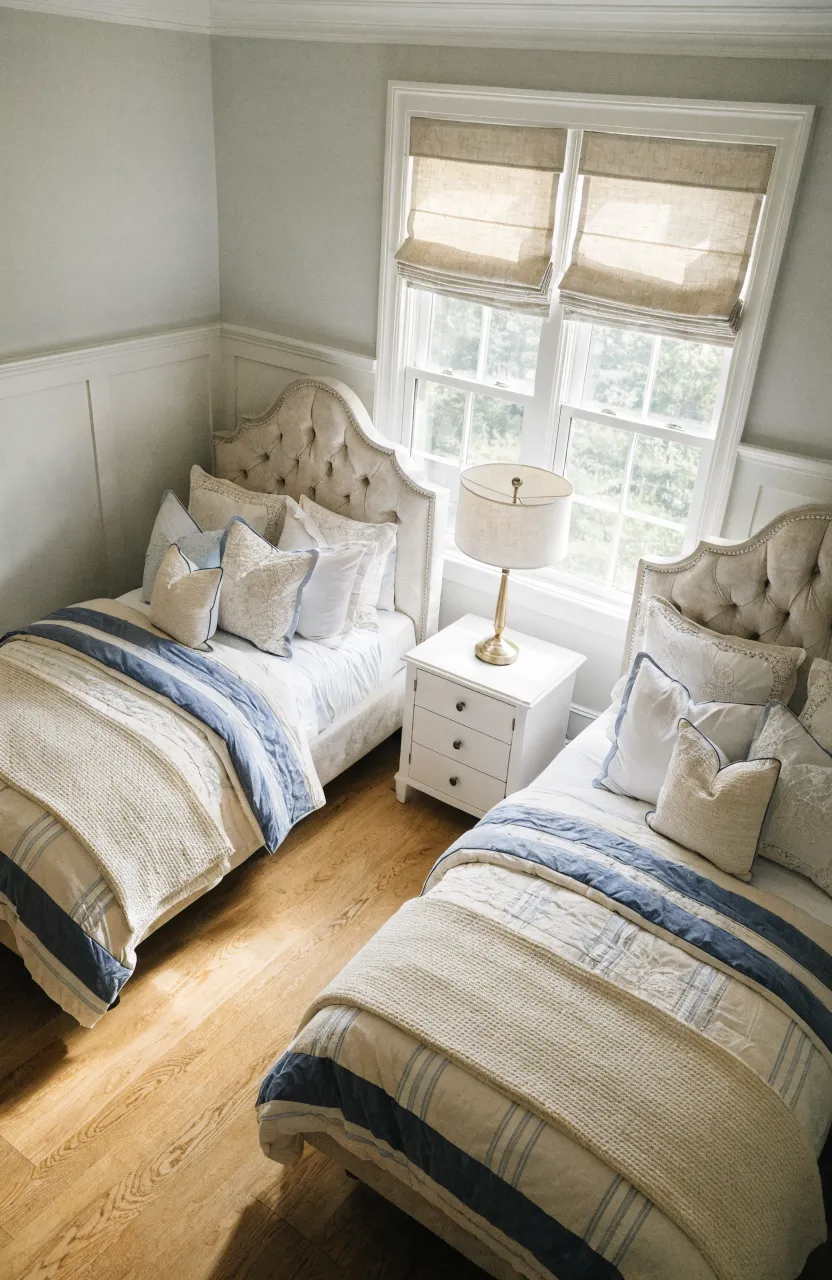 Two twin beds arranged in an L-shape in a bright, modern shared bedroom with a shared corner nightstand.