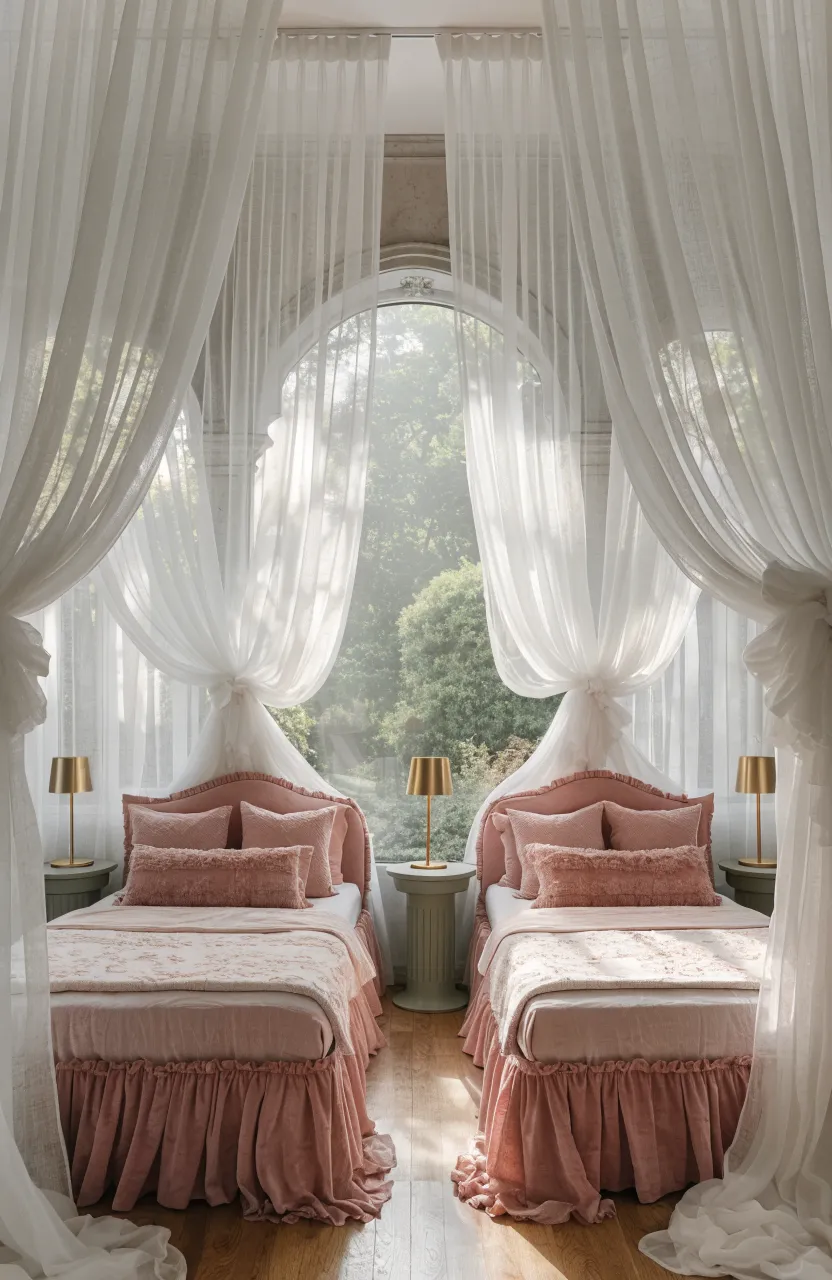 Sheer white canopy curtains hanging from the ceiling around two twin beds in a bright, airy shared room.