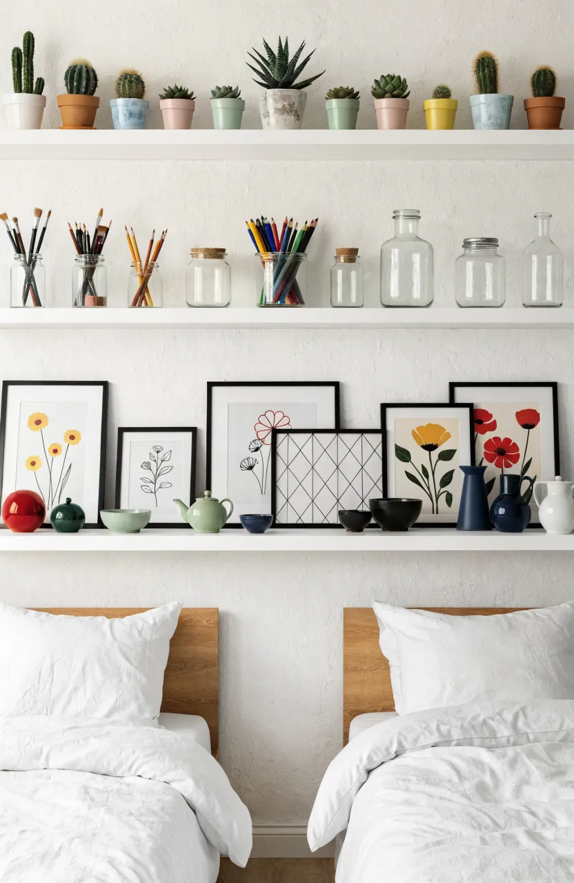 Symmetrical floating shelves above two beds in a shared room, decorated with plants and art supplies.