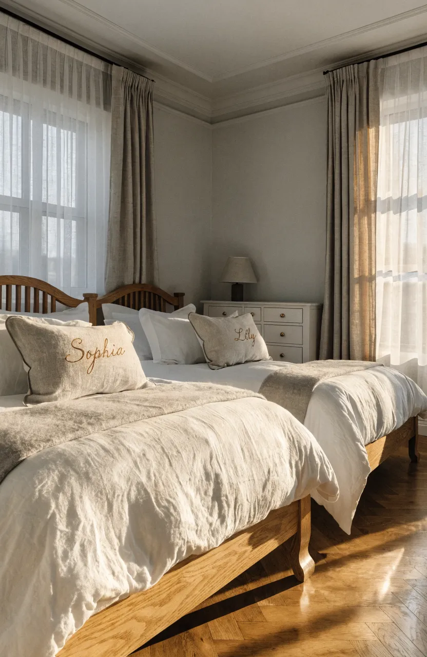 Two beds with identical white bedding and personalized name pillows in a bright, clean shared bedroom.