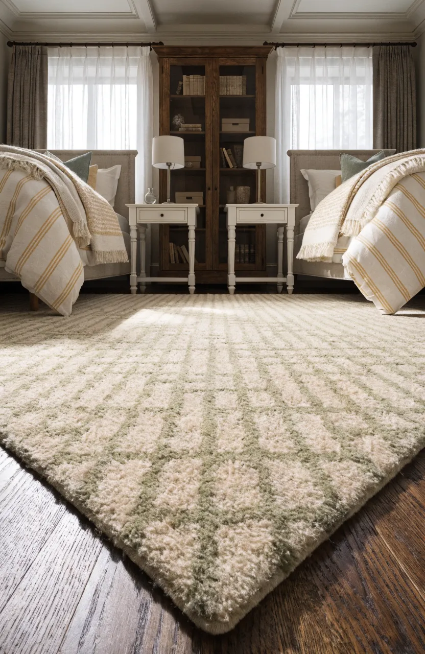 A large patterned area rug anchoring the furniture in a spacious, well-designed shared sister bedroom.