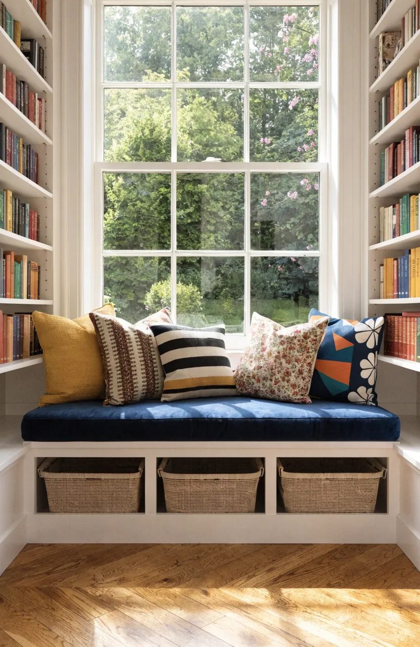 A cozy window seat with cushions and bookshelves in a shared bedroom, creating a shared reading area.