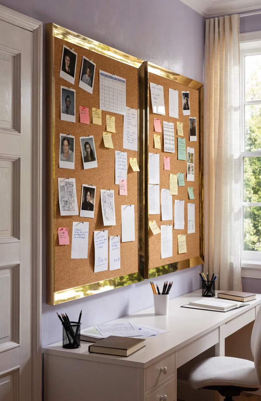 Two identical gold-framed pin boards mounted side-by-side above a white desk in a shared bedroom.