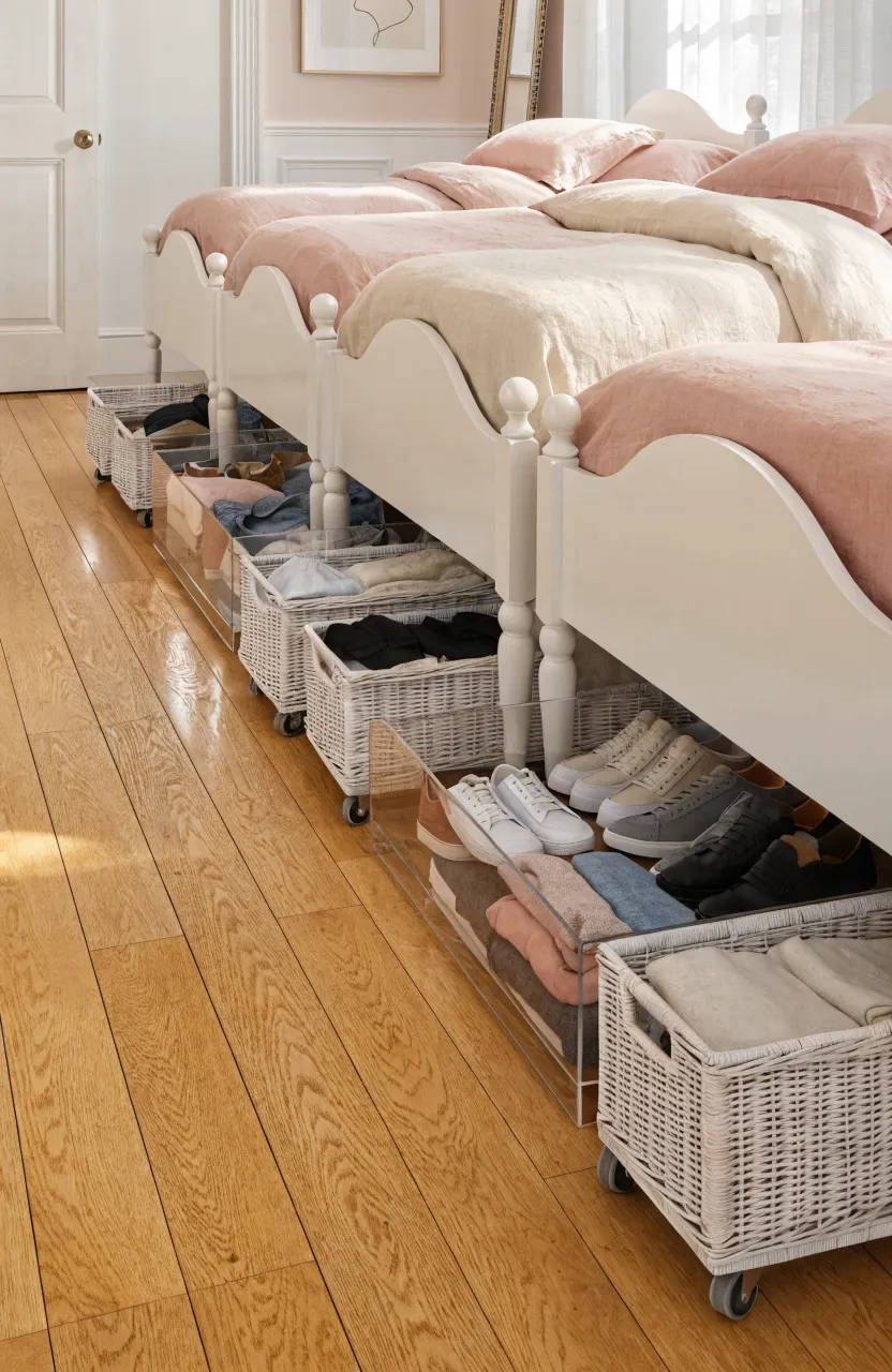 A clean shared sister bedroom featuring three white beds with organized rolling storage bins underneath.