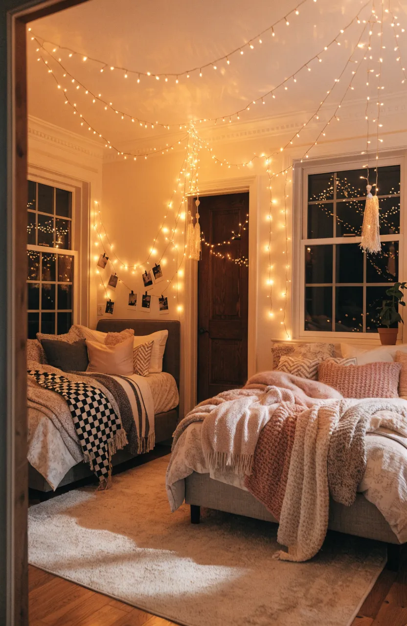 A cozy shared bedroom for sisters glowing with warm fairy lights draped across the ceiling and walls.