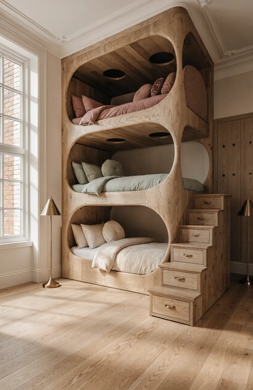 A modern light-wood triple bunk bed with integrated storage stairs in a bright, sunlit sisters' bedroom.
