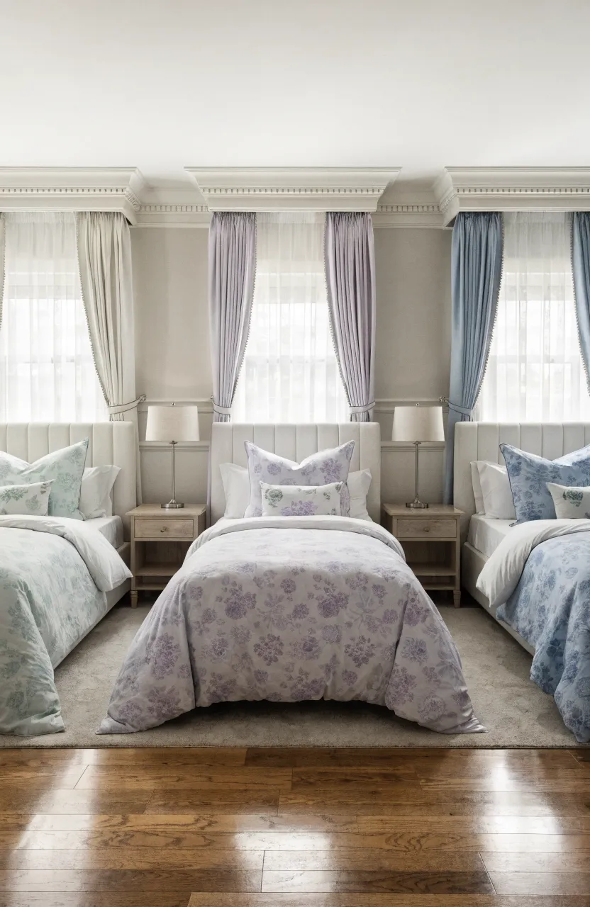 Three twin beds lined up in a row with shared nightstands in a spacious, coordinated bedroom for sisters.