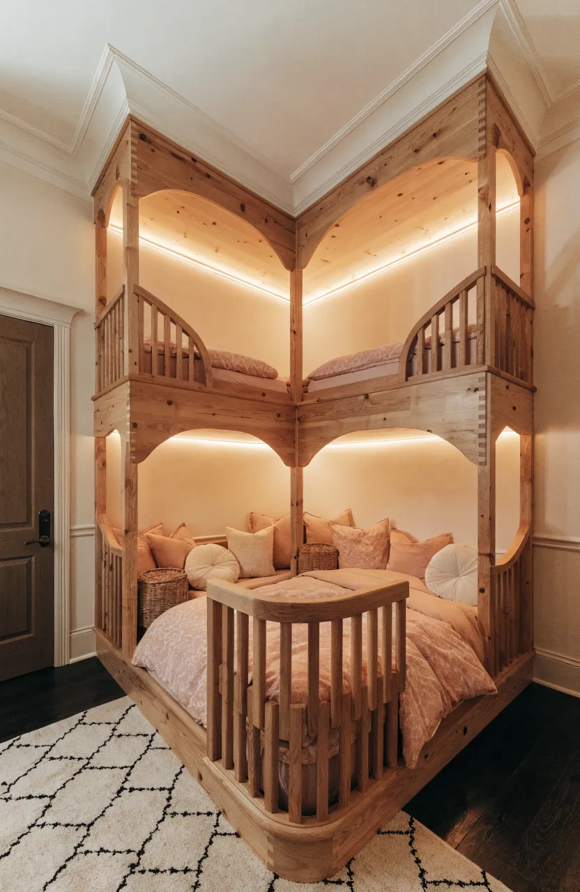 An L-shaped bunk bed layout in a room corner with two lofted beds and one floor bed for three siblings.