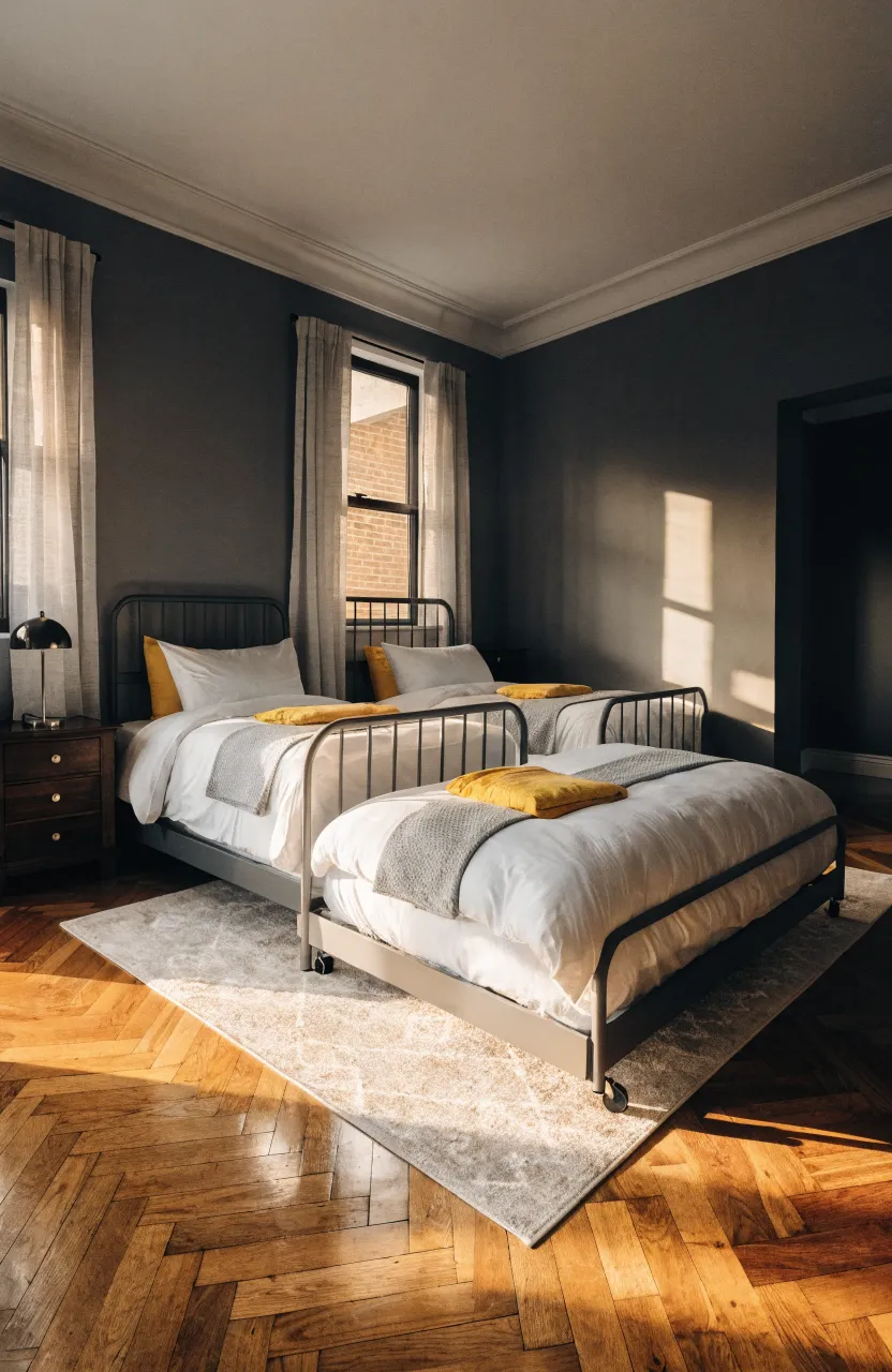 A bedroom layout for three sisters featuring two twin beds and a pull-out trundle bed for extra space.