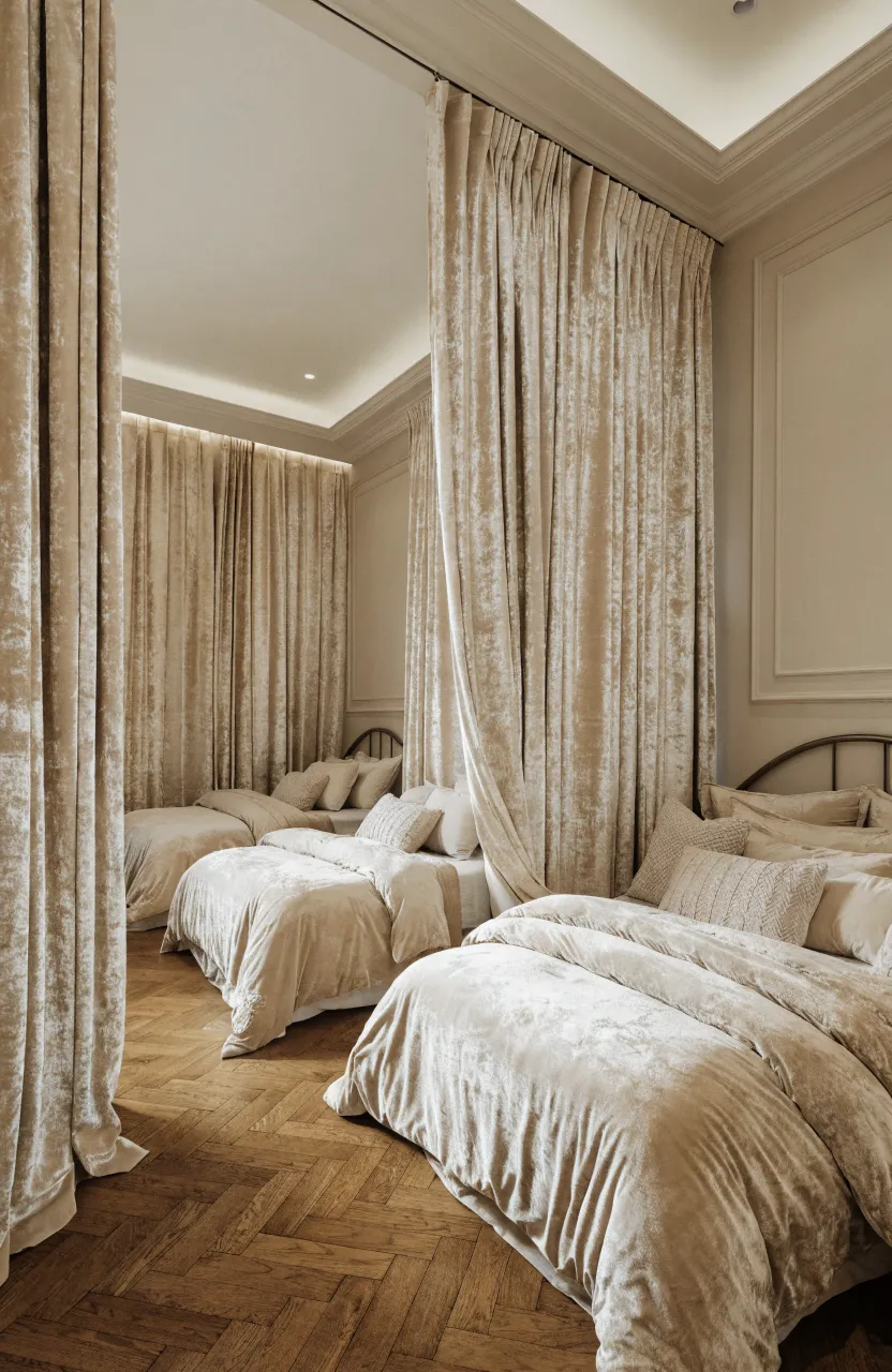Elegant floor-to-ceiling curtains used as room dividers between three beds in a shared sisters' bedroom.