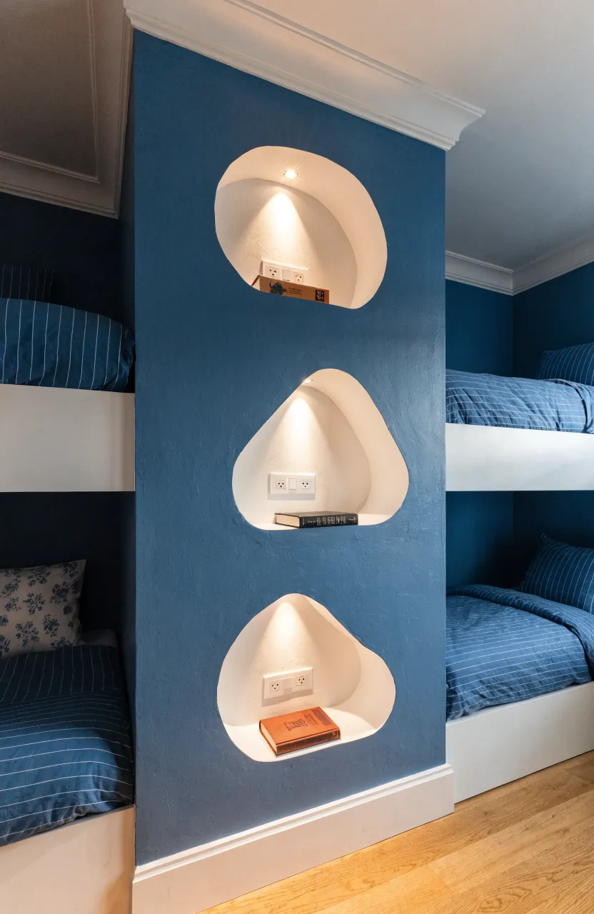 Built-in wall niches with reading lights next to bunk beds for individual storage in a shared room.