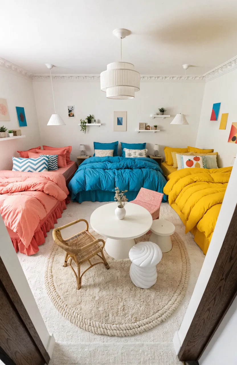 A U-shaped bed arrangement for three sisters with a large open play area in the center of the room.