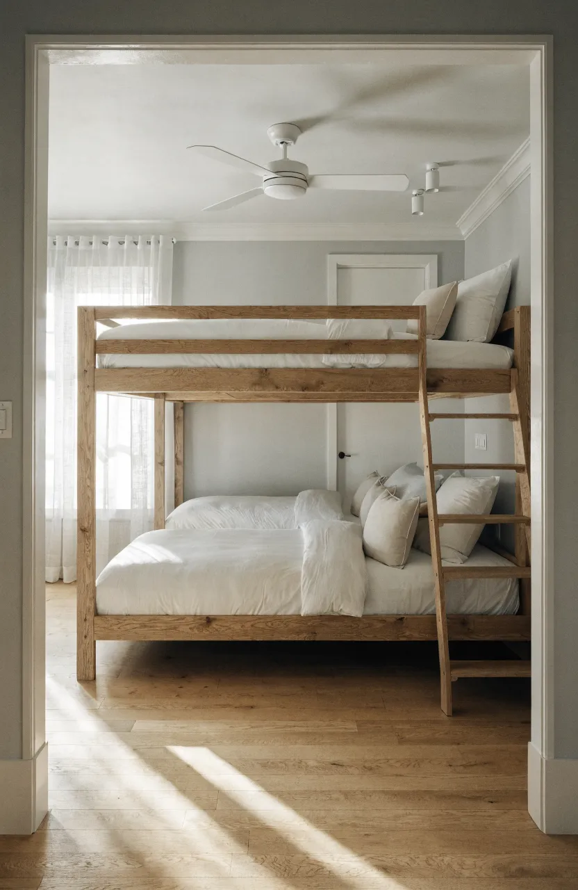 A modern shared bedroom featuring a high lofted bed with two twin beds arranged perpendicularly underneath.