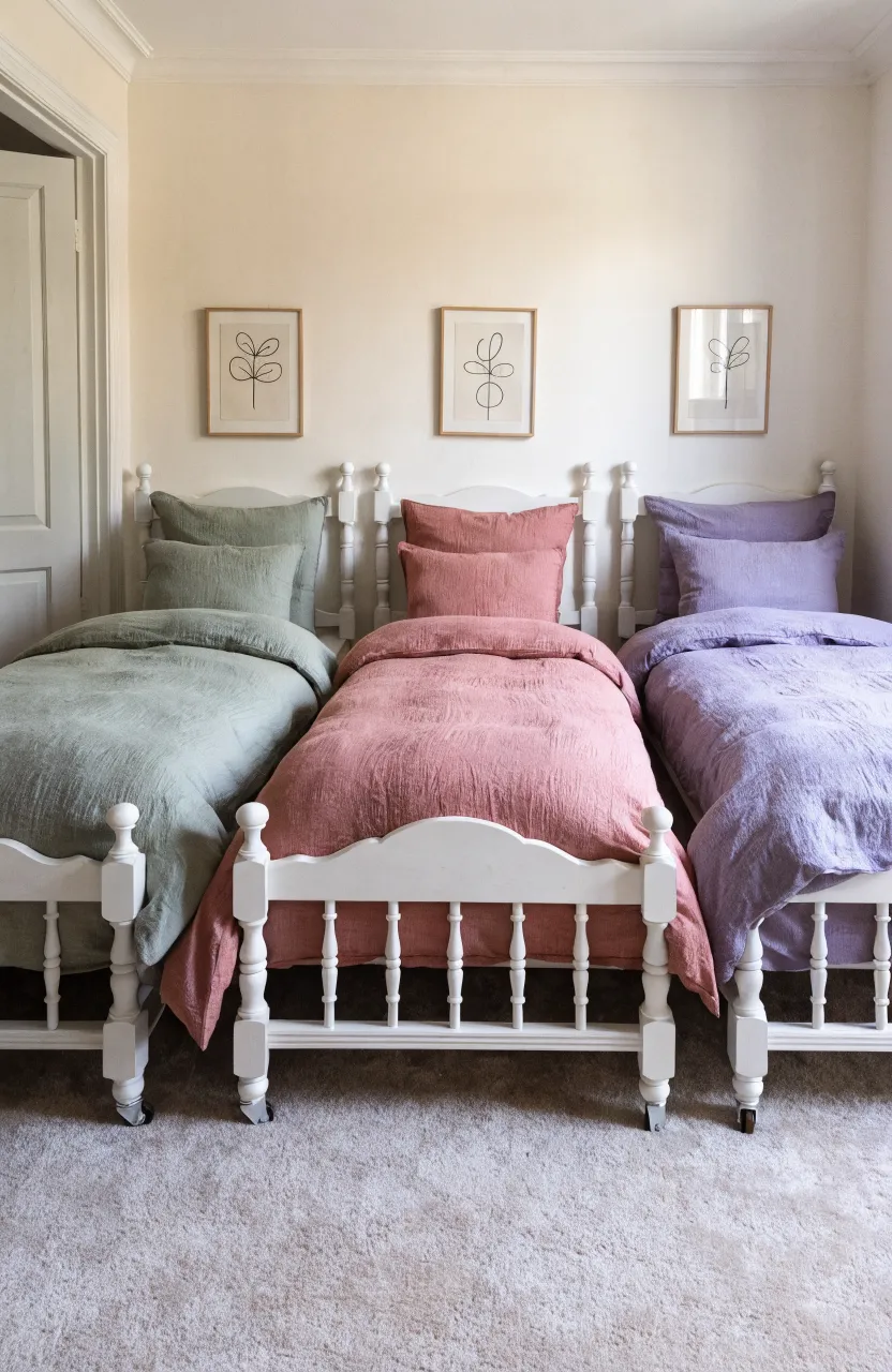Three beds in a row with distinct green, pink, and purple bedding sets in a bright shared room.