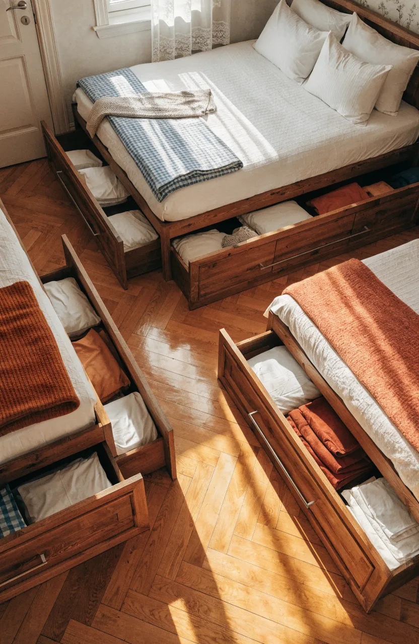 Three beds with built-in wooden storage drawers pulled out to show organized clothing storage.