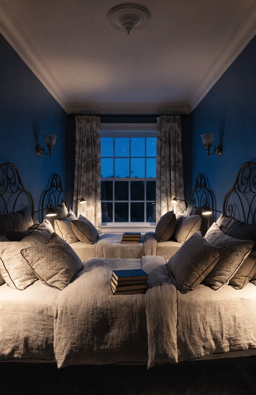 A shared bedroom at night with three individual clip-on lamps illuminating each bed separately.