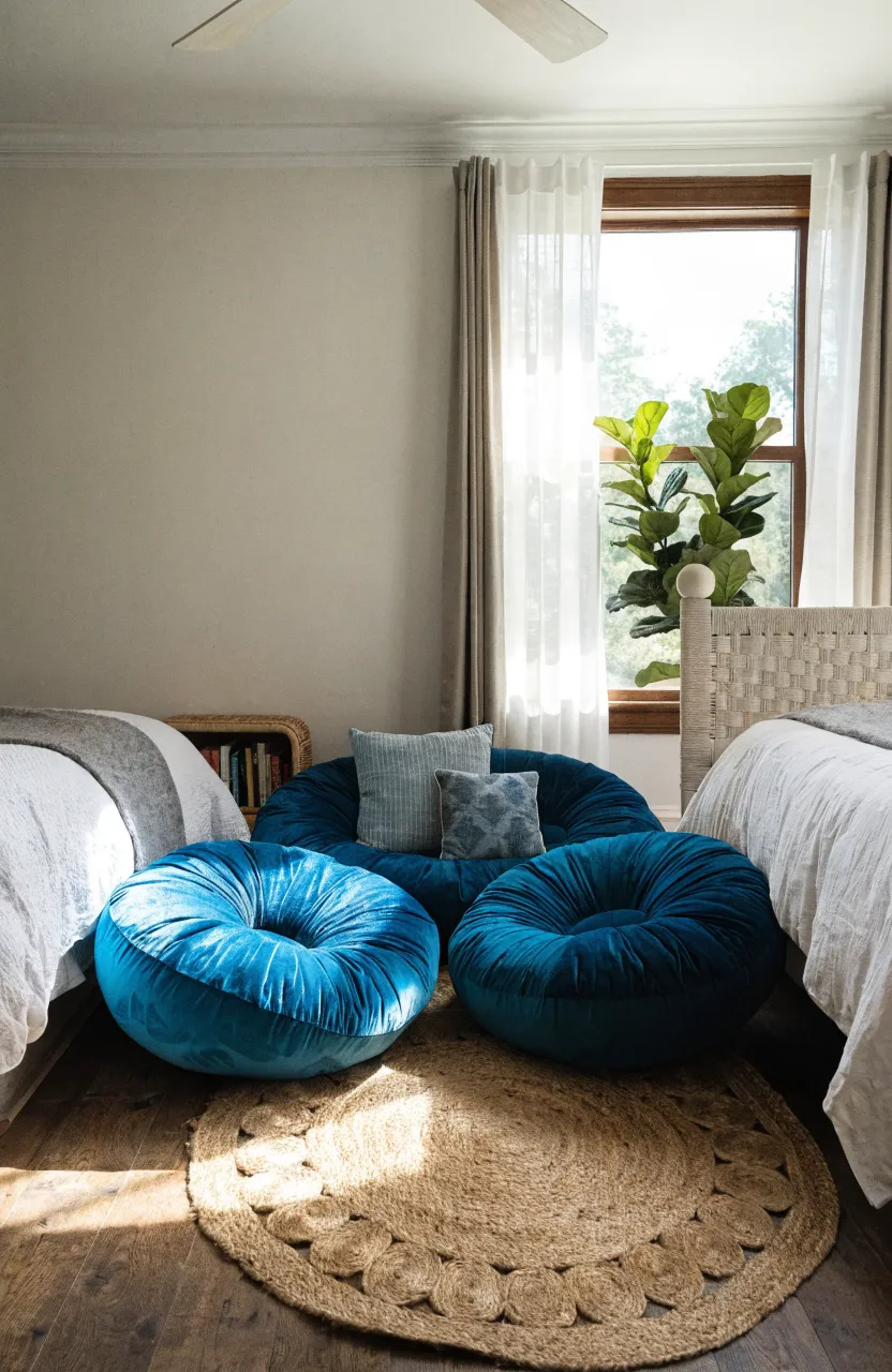 A cozy corner in a shared bedroom with three large velvet floor cushions and a jute rug.
