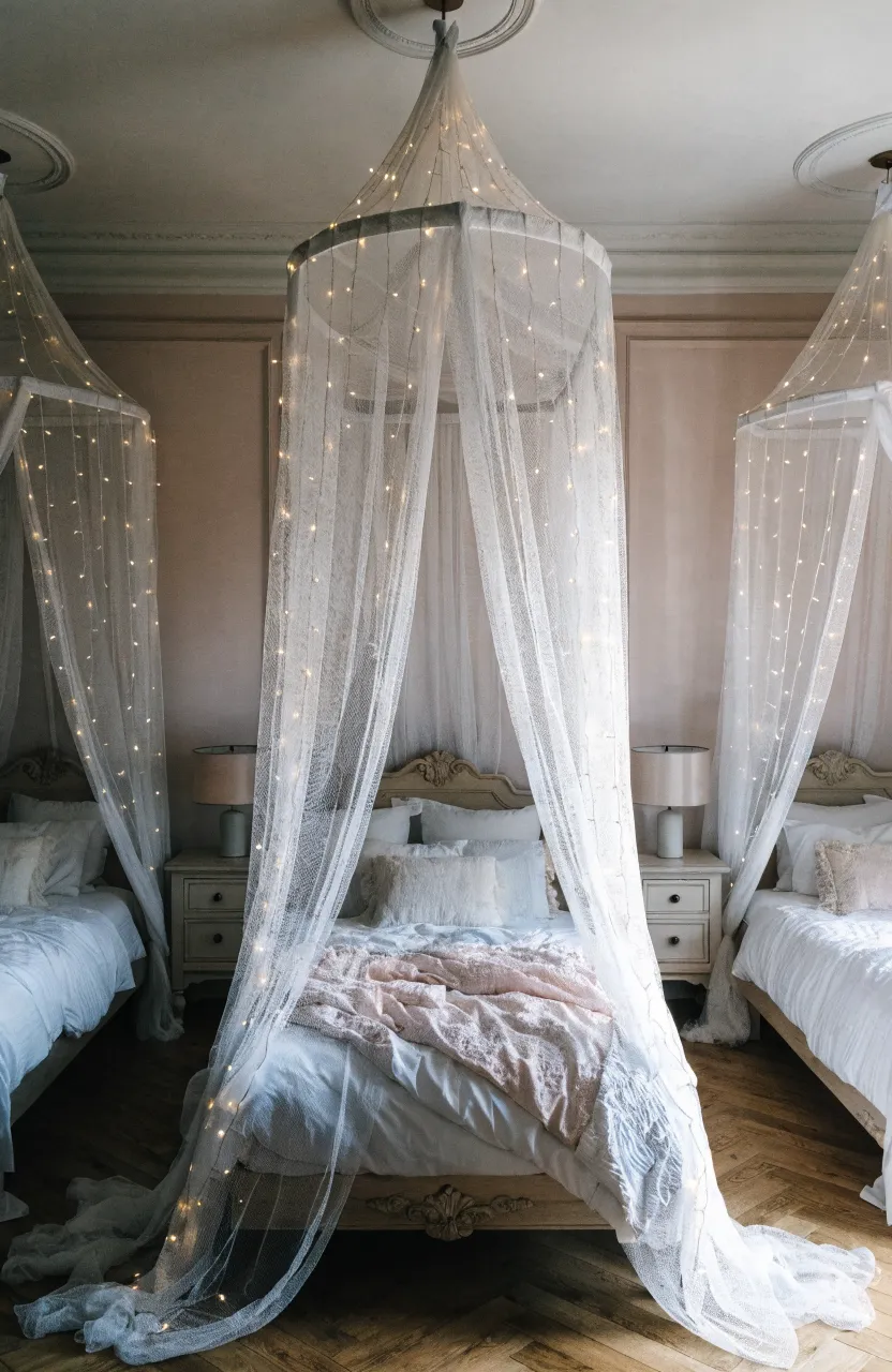 Three beds in a shared room each featuring a sheer white ceiling-mounted canopy for privacy.