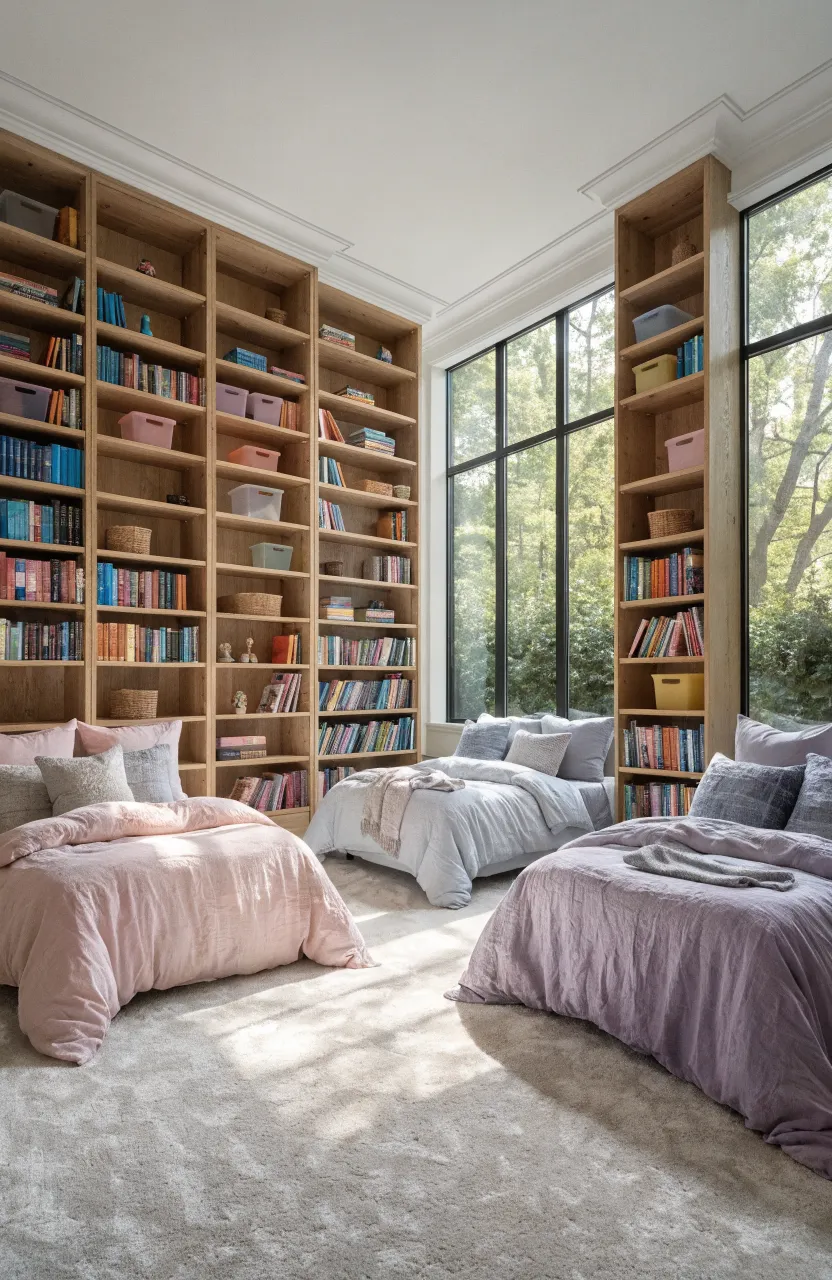 A bright shared bedroom for three sisters featuring tall open bookshelves used as room dividers between beds.
