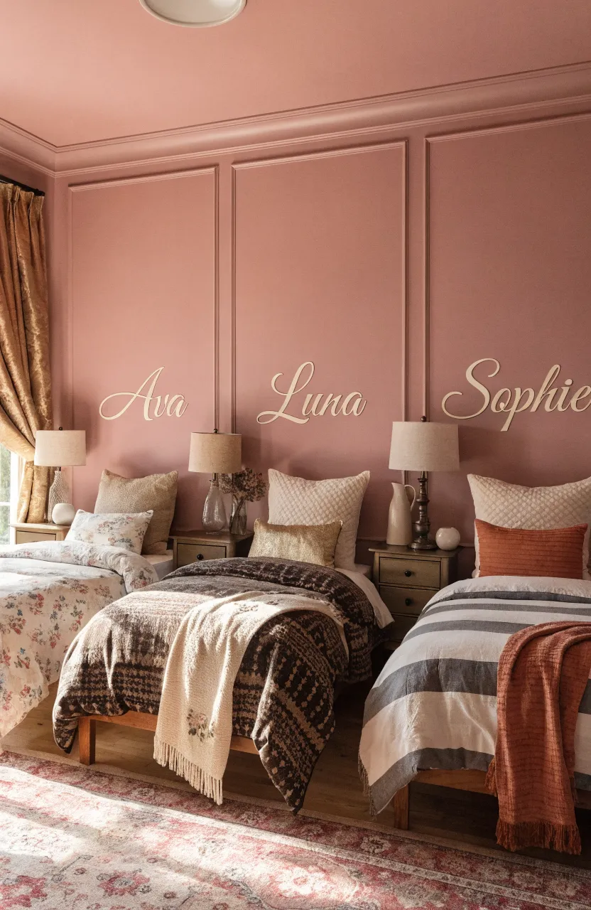 Three beds in a shared room with personalized name decals on the wall above each headboard.