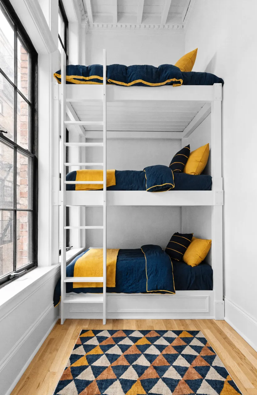 A vertical stacked triple bunk bed against a long wall in a narrow shared bedroom for three.