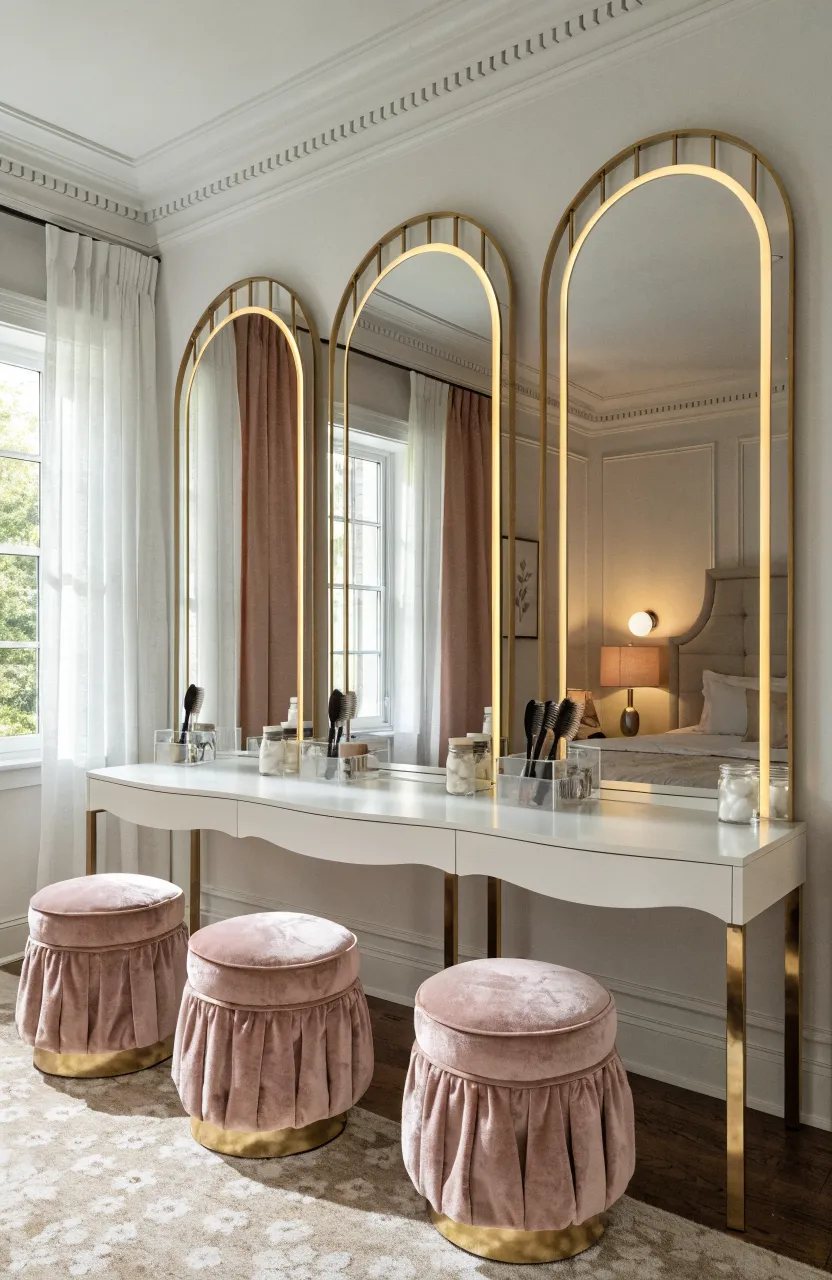 A long shared vanity desk with three separate mirrors and stools in a girls' bedroom.