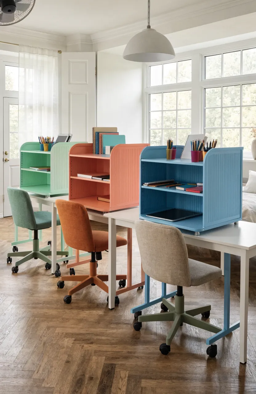 Three colorful rolling storage carts for school supplies next to desks in a shared bedroom.