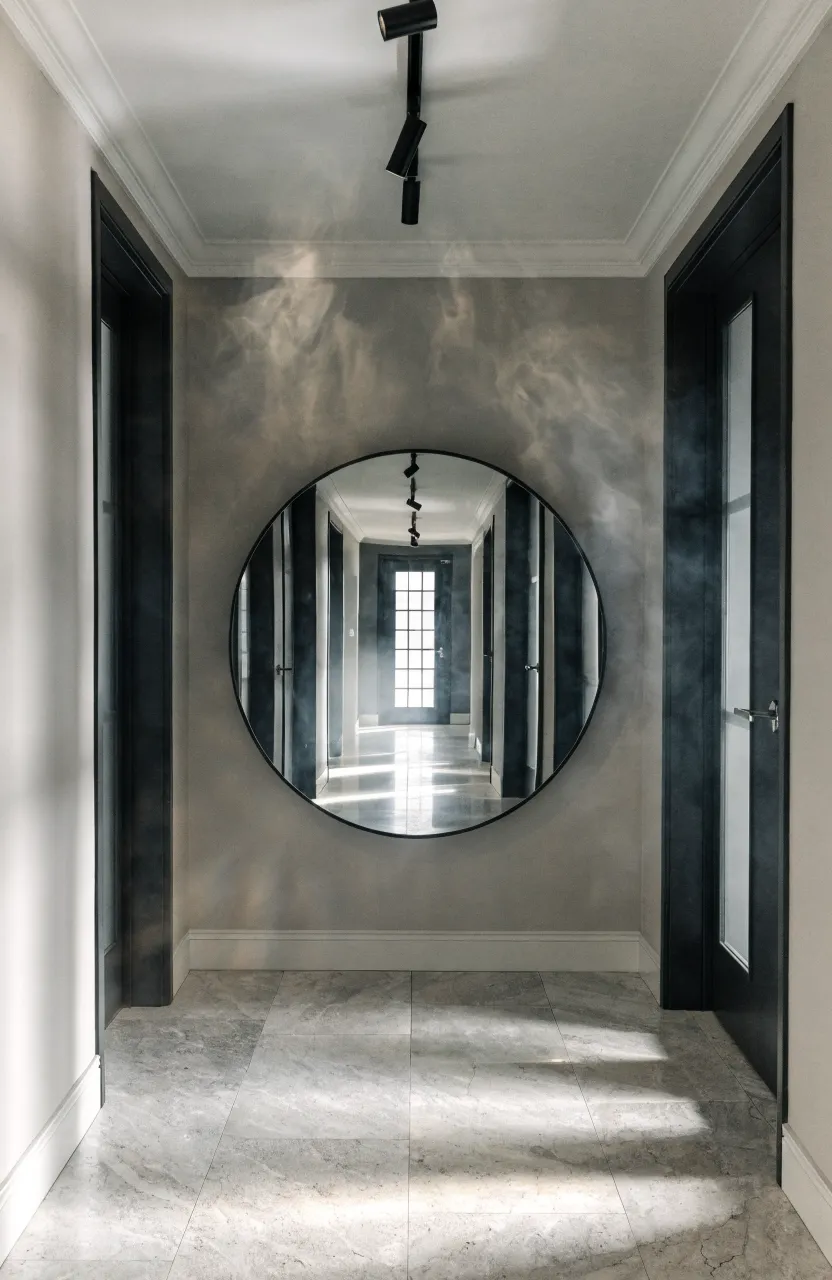 A large round mirror with a thin black frame at the end of a long narrow hallway.
