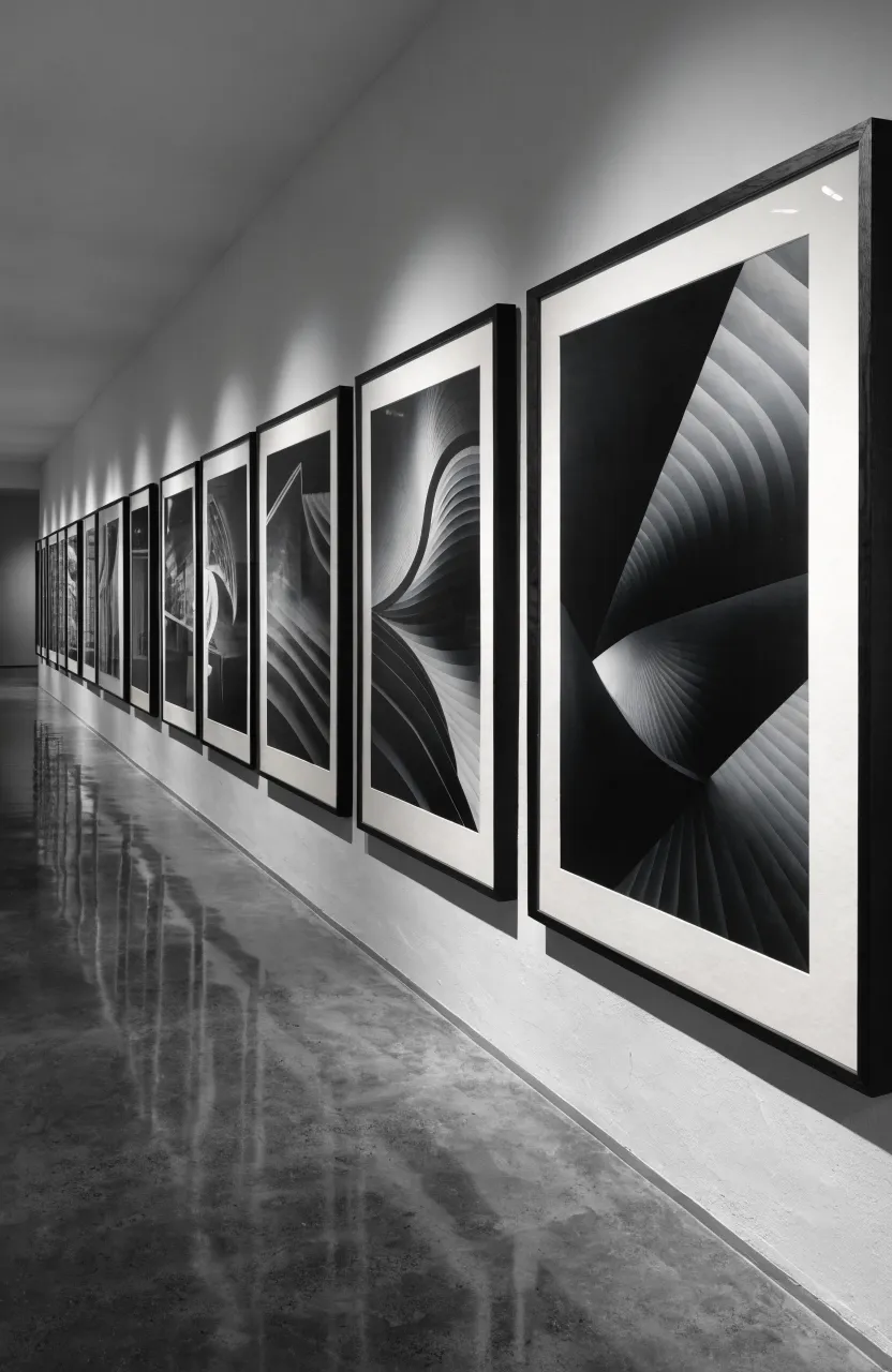 A row of identical black framed black and white photos along a long gray hallway wall.