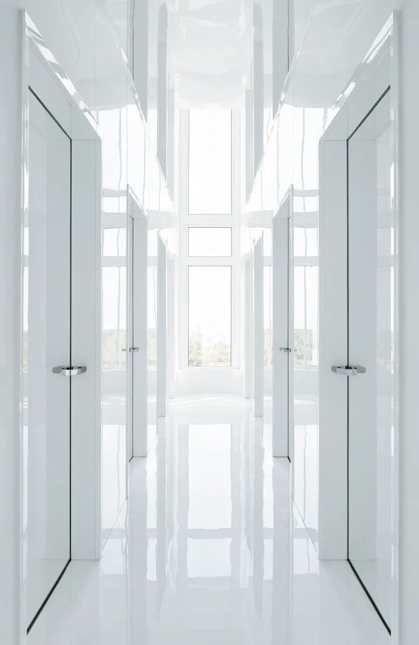A bright narrow hallway with high-gloss white paint on the walls and ceiling reflecting light.