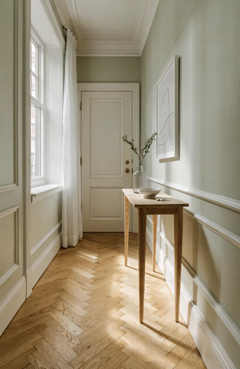 A very thin light wood console table with tapered legs in a narrow hallway.