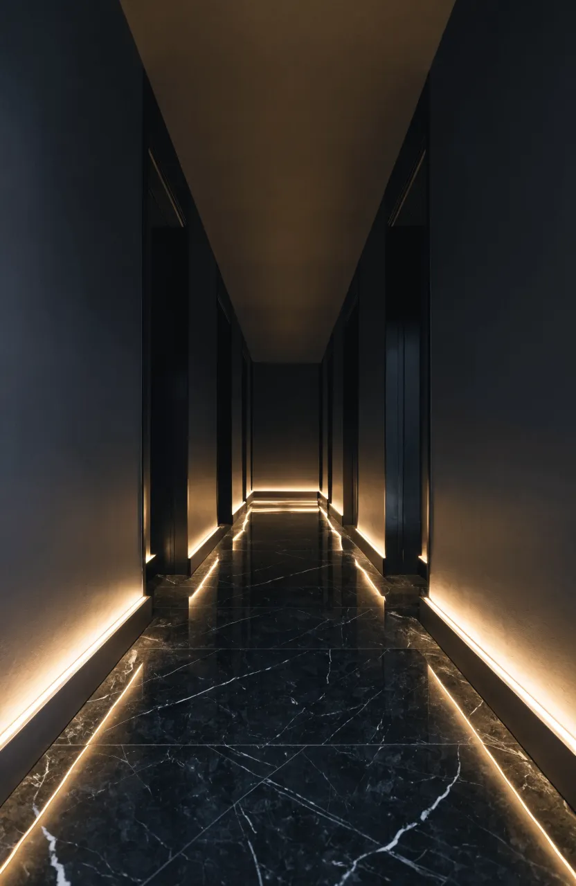 A dark modern hallway with glowing LED light strips installed along the baseboards.