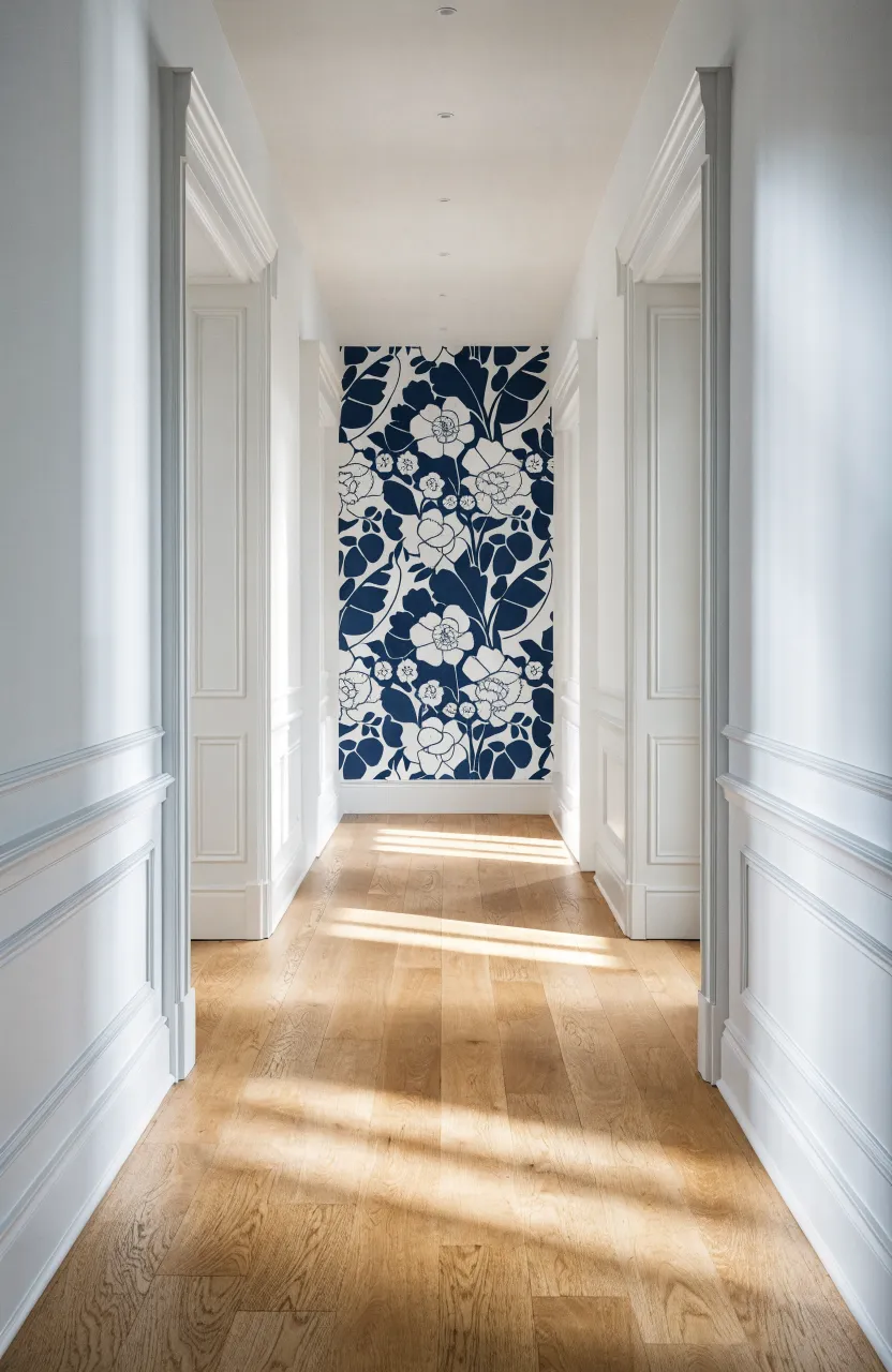 A long narrow hallway with white walls and a bold navy floral wallpaper on the far end wall.