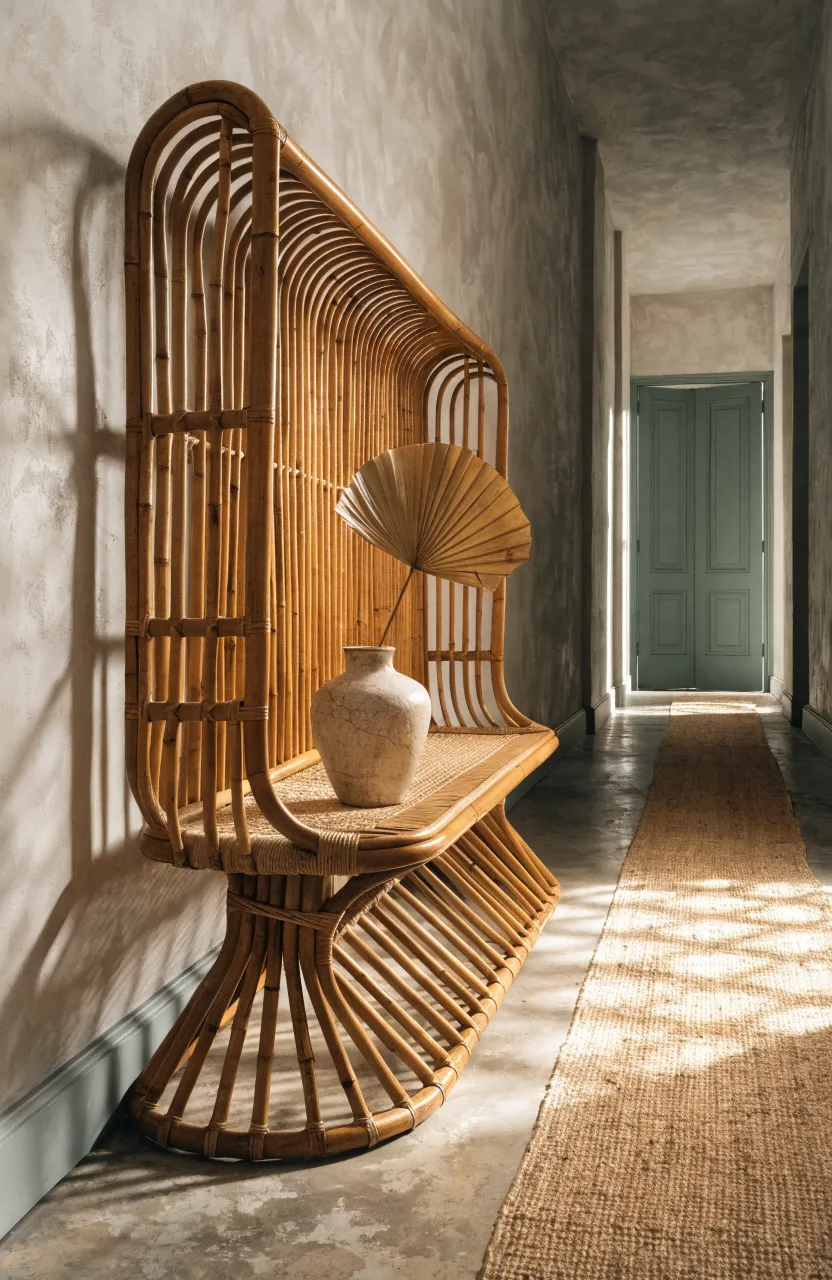 A slim vintage bamboo bench placed against a neutral wall in a long narrow hallway.