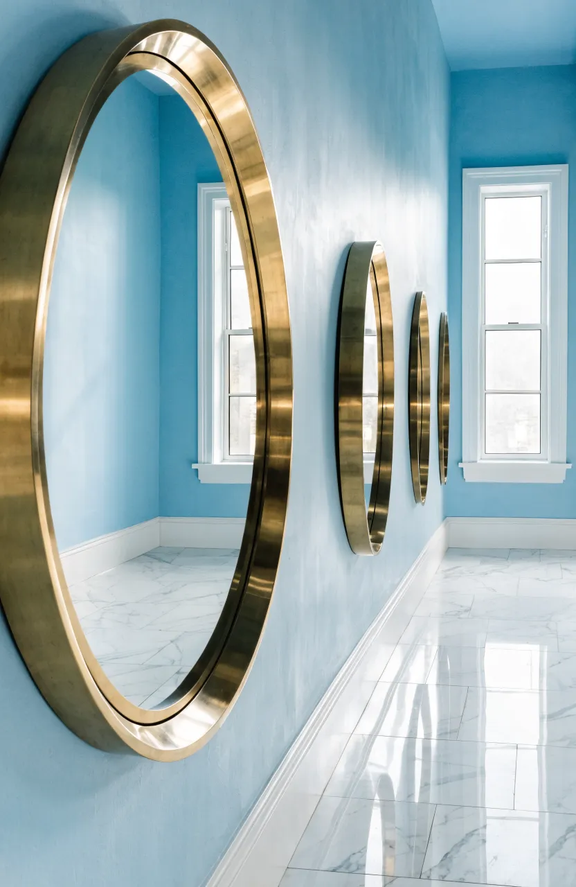 Four large round brass-framed mirrors hanging in a row along a narrow blue hallway.