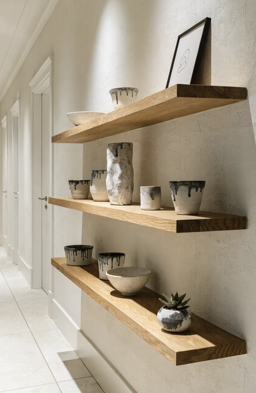 Staggered floating wooden shelves with small decorative objects on a narrow hallway wall.