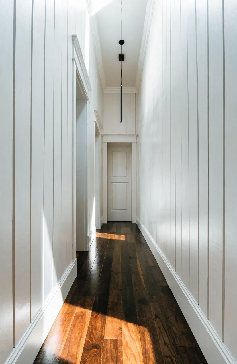 A long hallway featuring vertical white shiplap walls that make the ceiling appear higher.