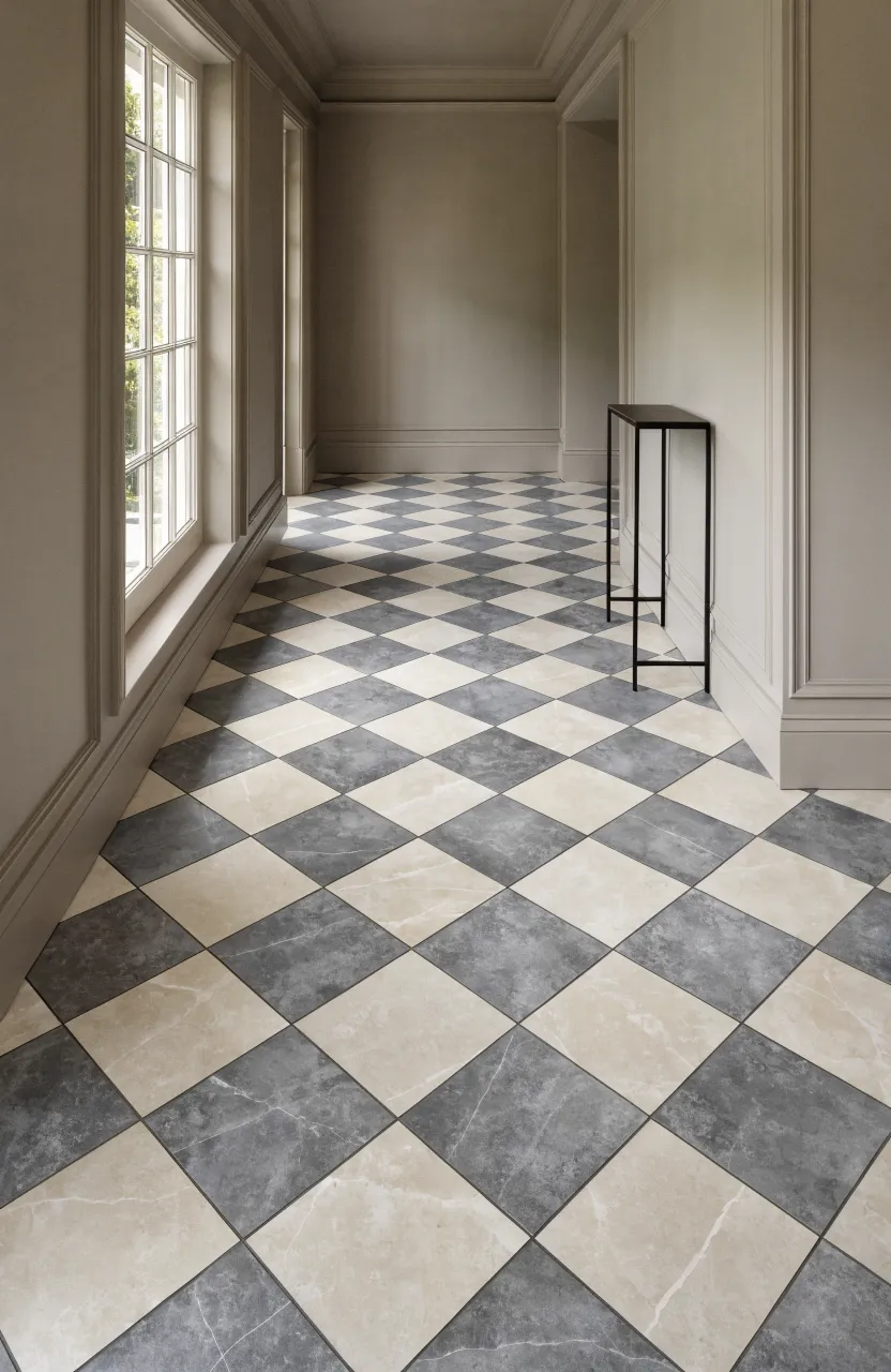 A diagonal grey and cream checkerboard tile floor in a long, bright narrow hallway.
