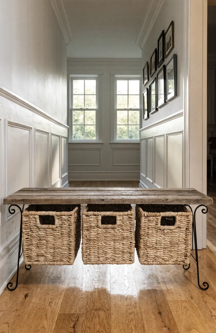 Three woven seagrass baskets stored under a slim wooden bench in a long narrow hallway.