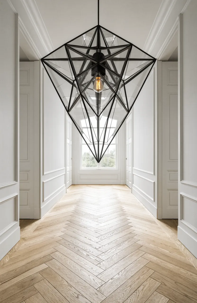 A long narrow hallway with a large modern black geometric pendant light and high ceilings.