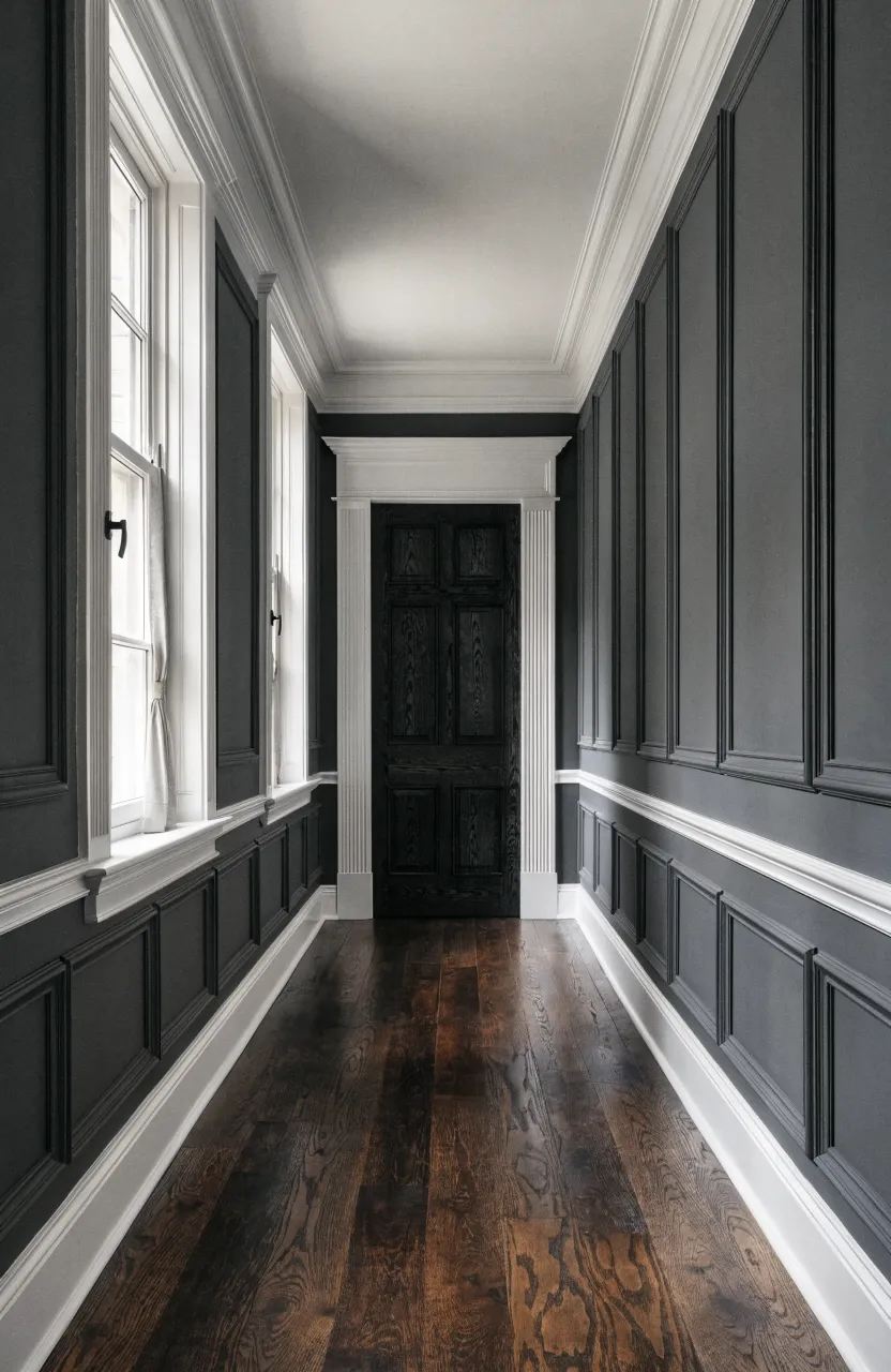 A narrow hallway with dark gray wainscoting on the bottom half and white walls on top.