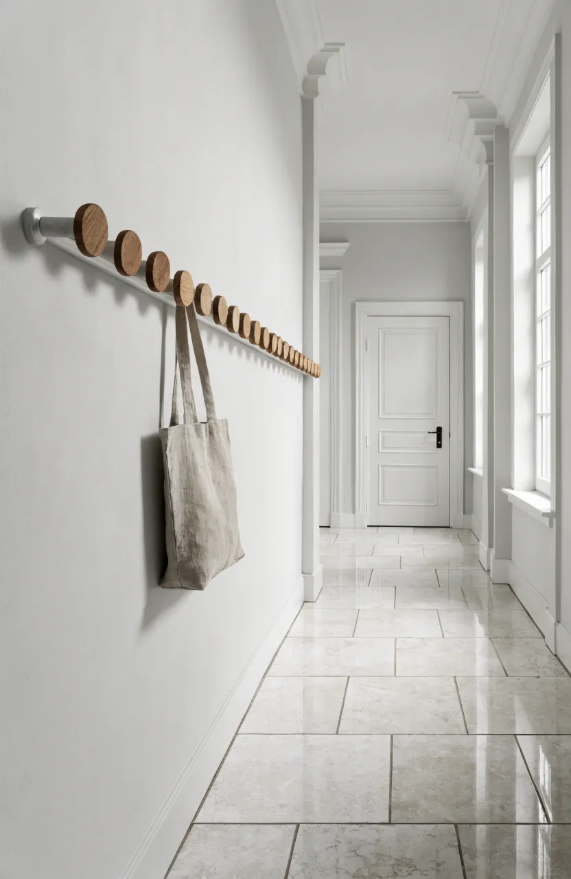 A minimalist wooden peg coat rack mounted on a light gray wall in a narrow hallway.