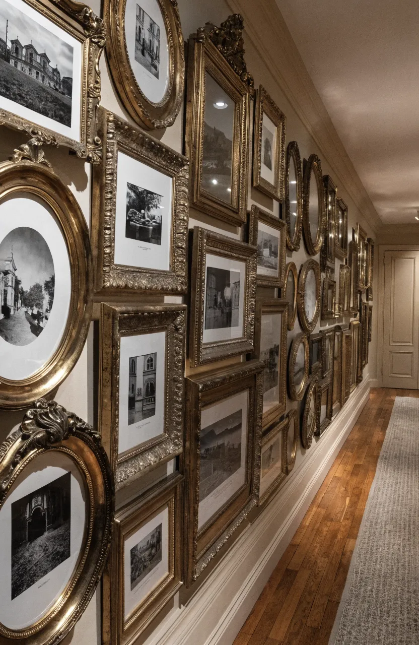 A collection of mismatched gold picture frames on a hallway wall creating a gallery feel.