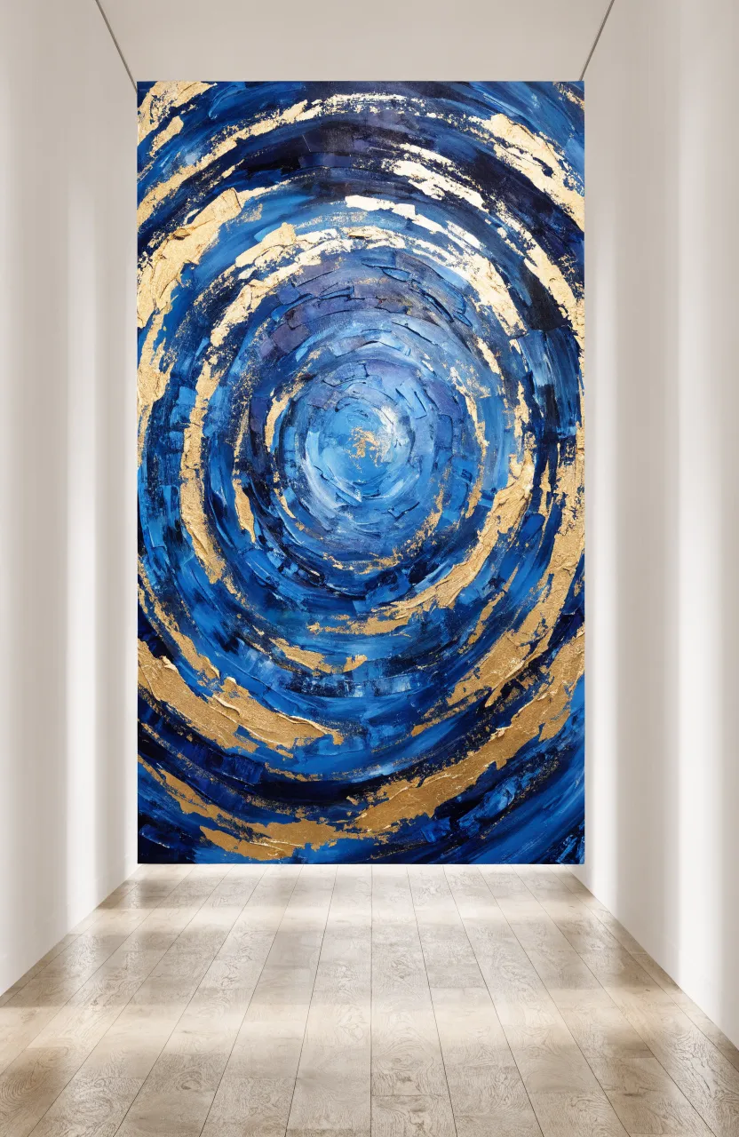 A large colorful abstract painting at the end of a long white narrow hallway.