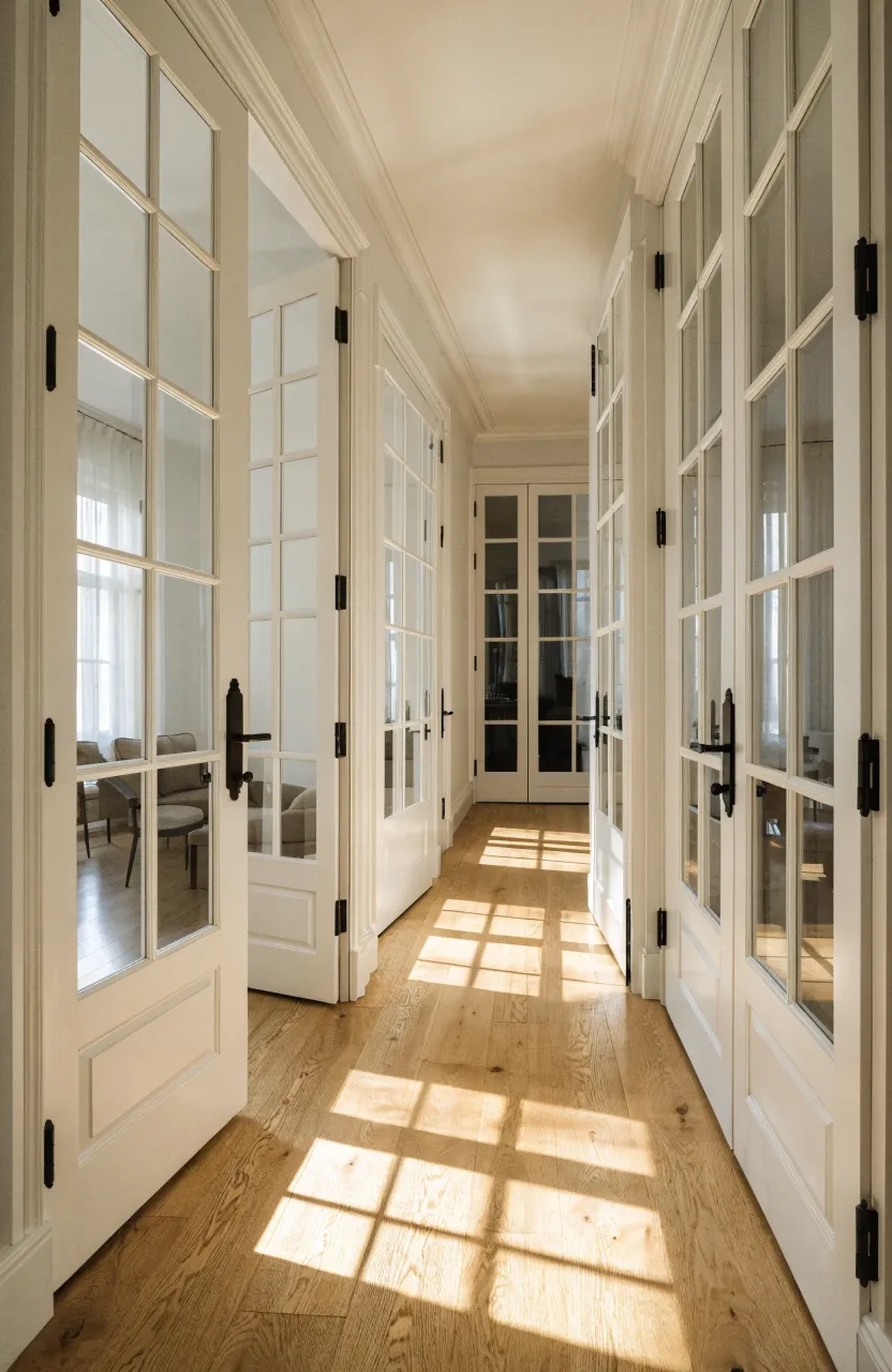 Interior glass doors along a hallway allowing sunlight to brighten the narrow space.