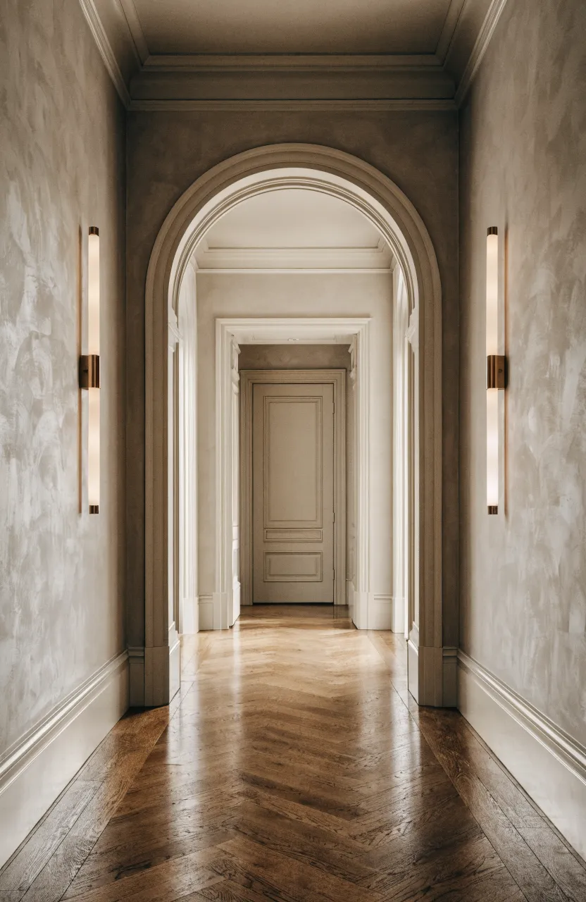 A pair of brass wall sconces flanking a doorway in a long, elegant hallway with wood floors.
