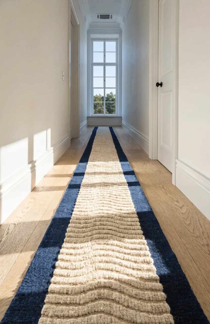 A long cream rug with a navy blue border stretching down a bright, narrow hallway.