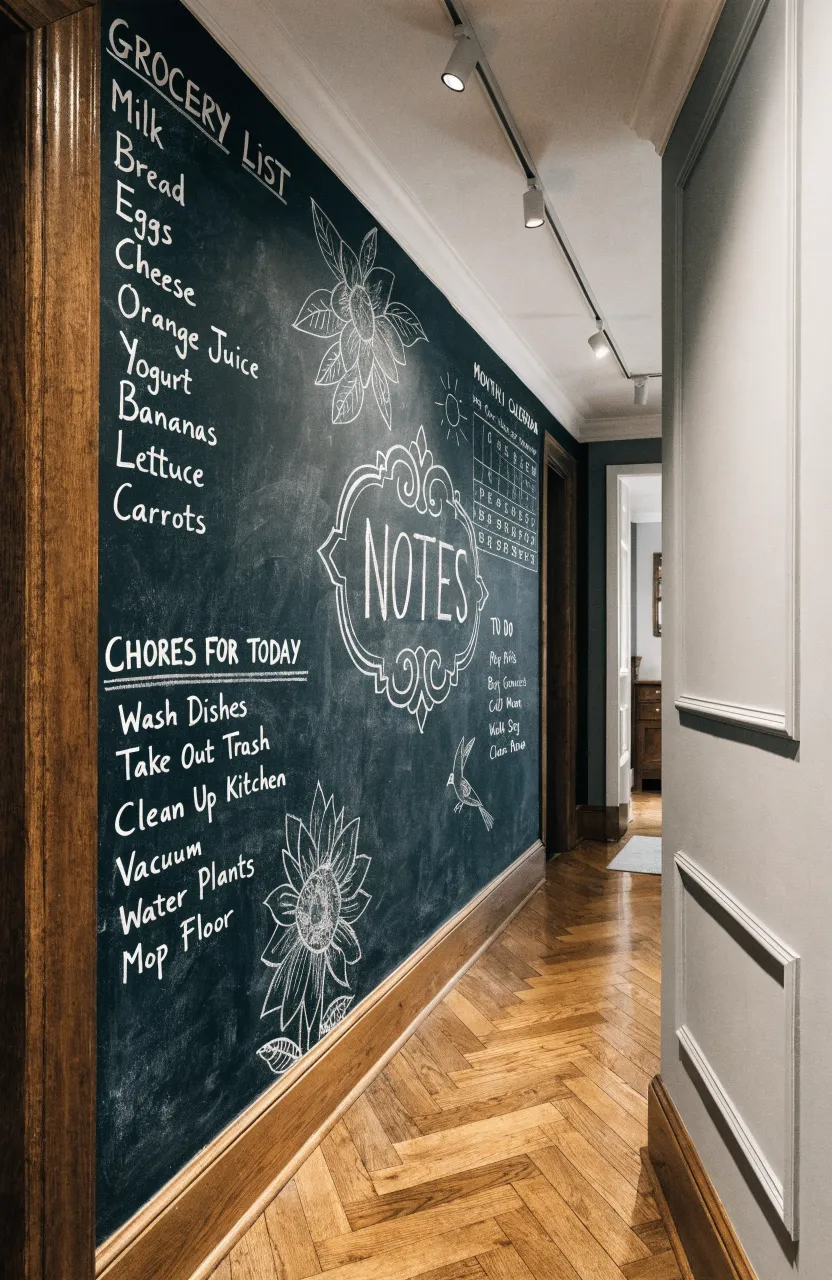 A dark chalkboard wall with white writing in a long hallway, creating a functional family space.