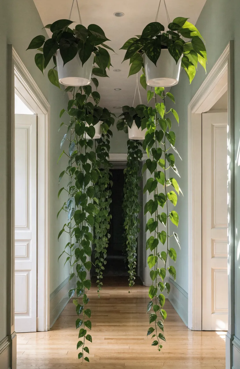 Three identical hanging plants with trailing vines in a bright, narrow hallway.