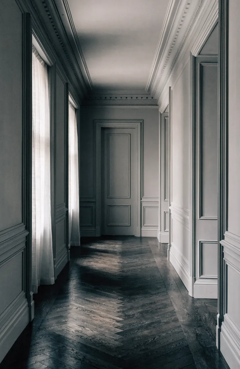 A narrow hallway with walls and crown molding painted the same shade of soft gray for a seamless look.